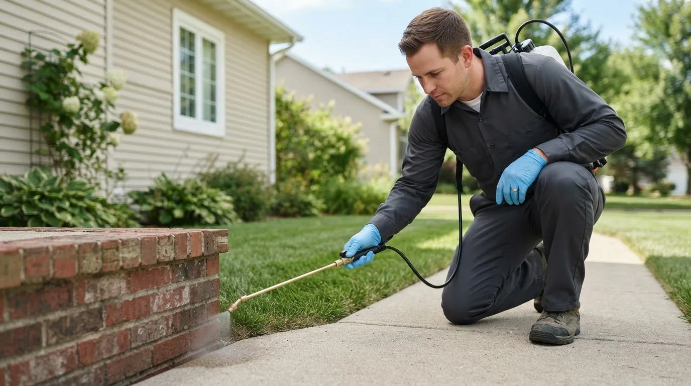 Pest control technician treating a home near North Haverhill, NH